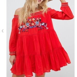 FREE people sunbeams floral red embroidered off the shoulder mini dress